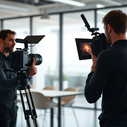 Equipe de filmagem gravando um vídeo institucional em um ambiente corporativo
