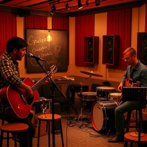 Foto da banda 'Os Improváveis' gravando no Estüdio Aurora
